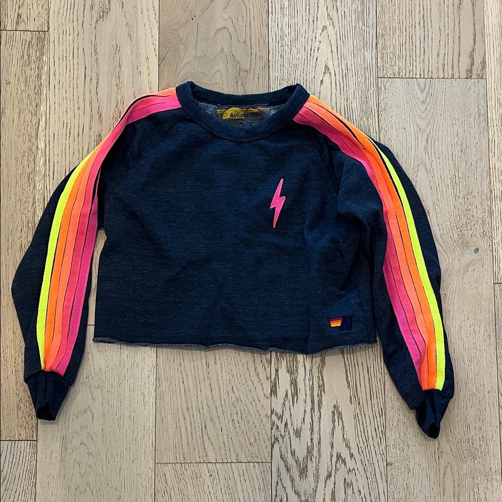 Aviator Nation Navy Sweatshirt with Rainbow Stripes Size S